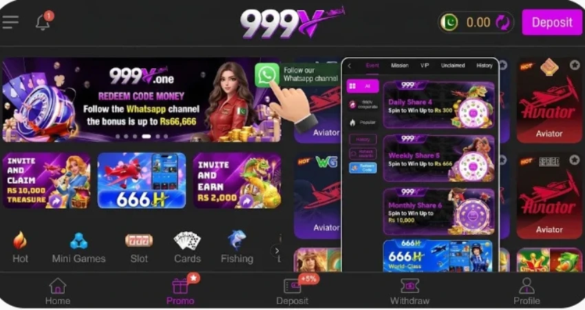 999V Game Android app home screen with games and promotional sections