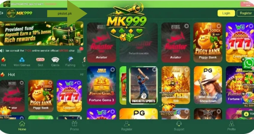 MK999 Game APK mobile gaming interface with featured games and navigation menu